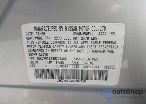 2009 Infiniti G37 Journey from USA, damaged, VIN JNKCV61E49M307445